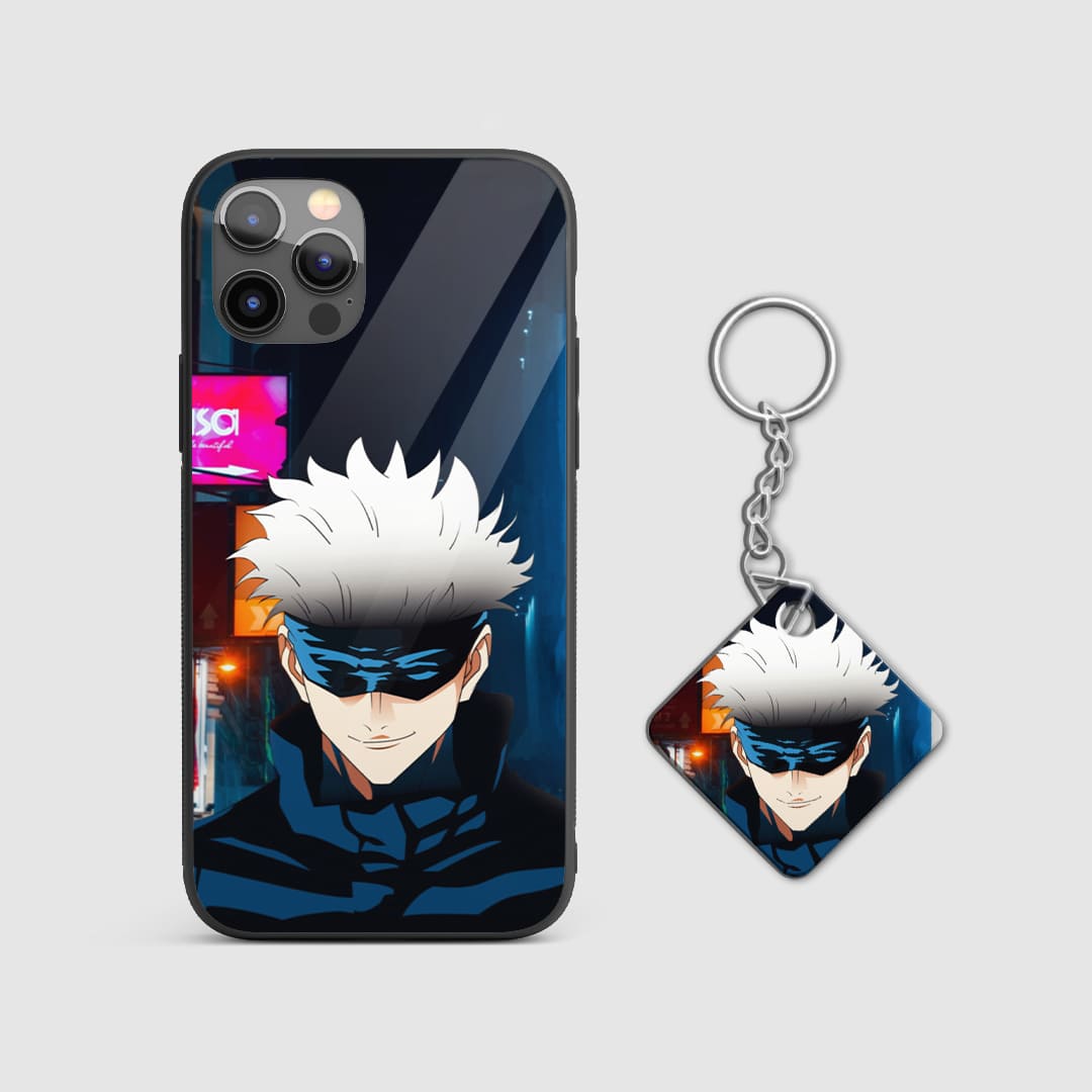 Detailed graphic design of Satoru Gojo showcasing his powerful cursed energy techniques on the phone case with Keychain.