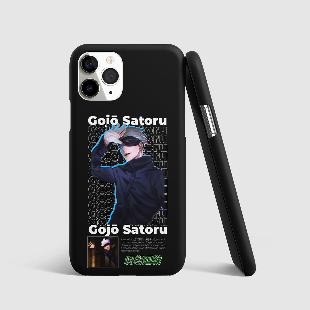 Repeating pattern of Satoru Gojo's name on phone cover.