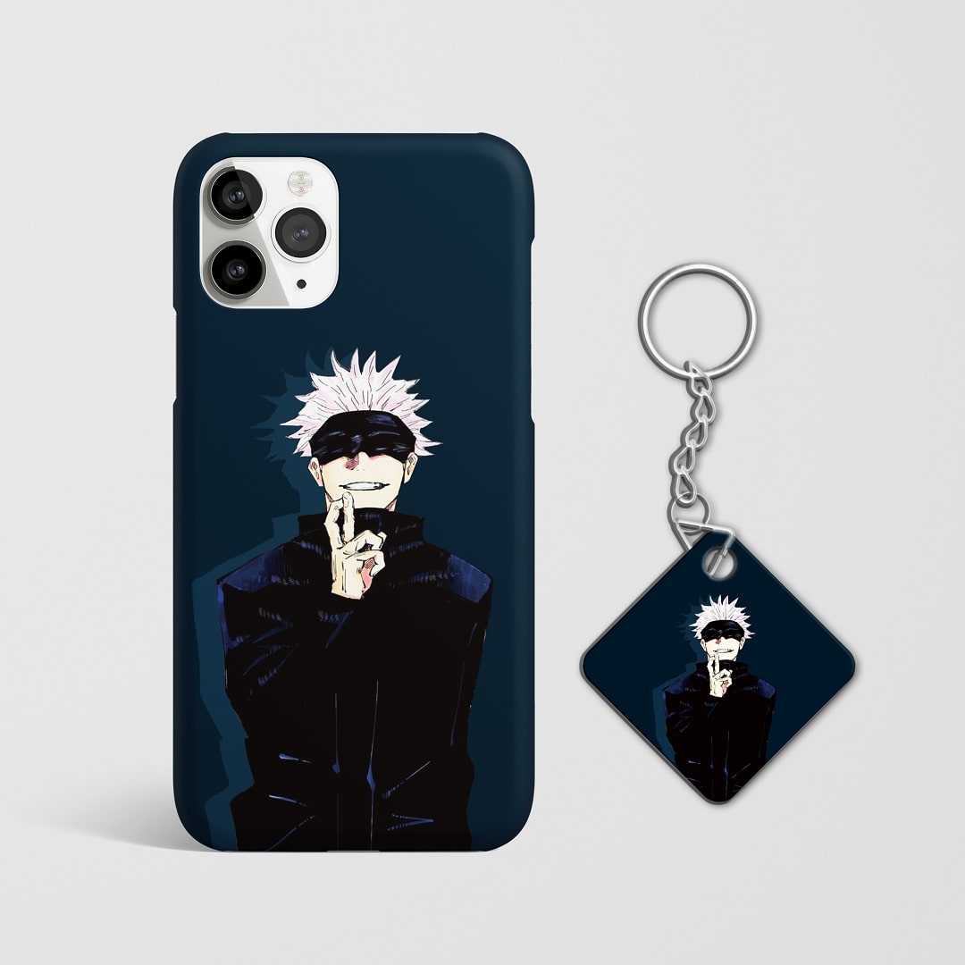 Close-up of Satoru Gojo's intense expression on phone case with Keychain.