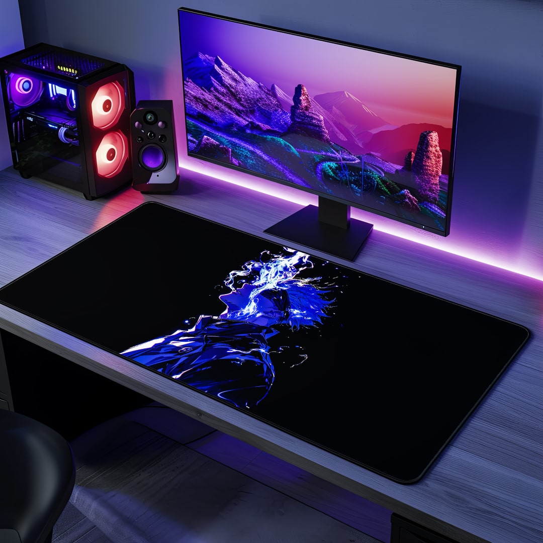 Satoru Gojo Smoke Desk Mat with bold anime artwork