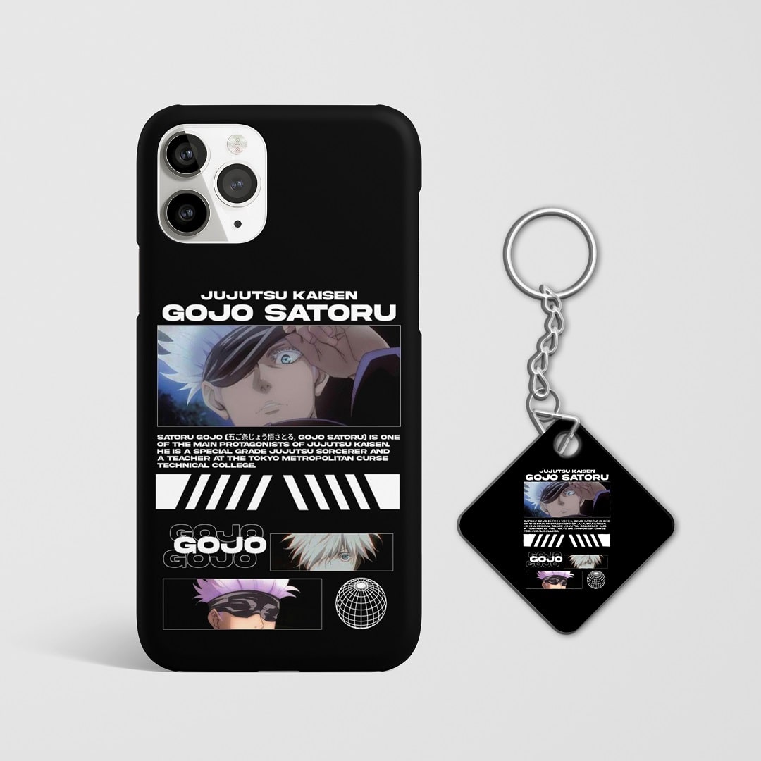 Close-up of Satoru Gojo's synopsis design on phone case with Keychain.