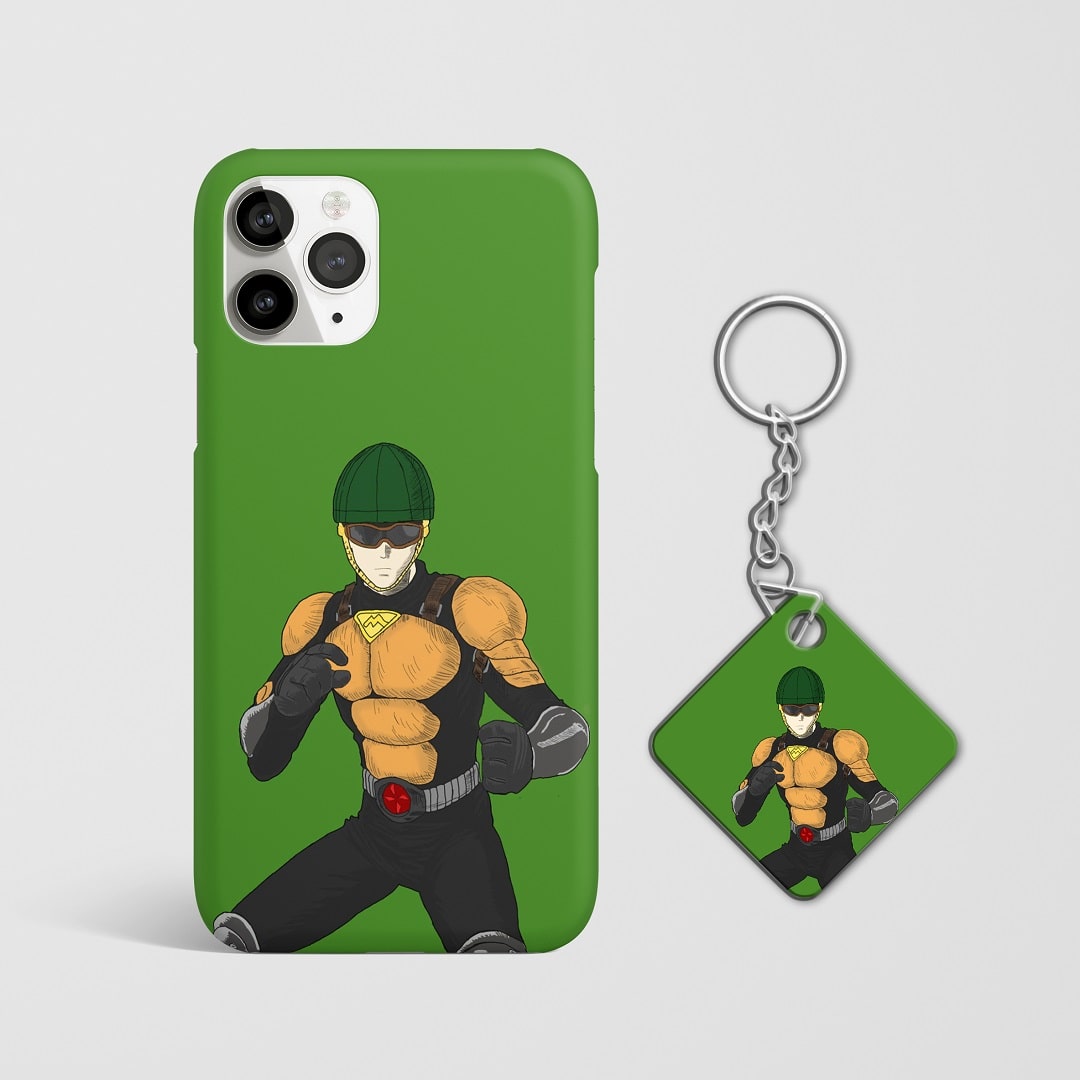Close-up of Satoru Gojo’s confident expression on phone case with Keychain.