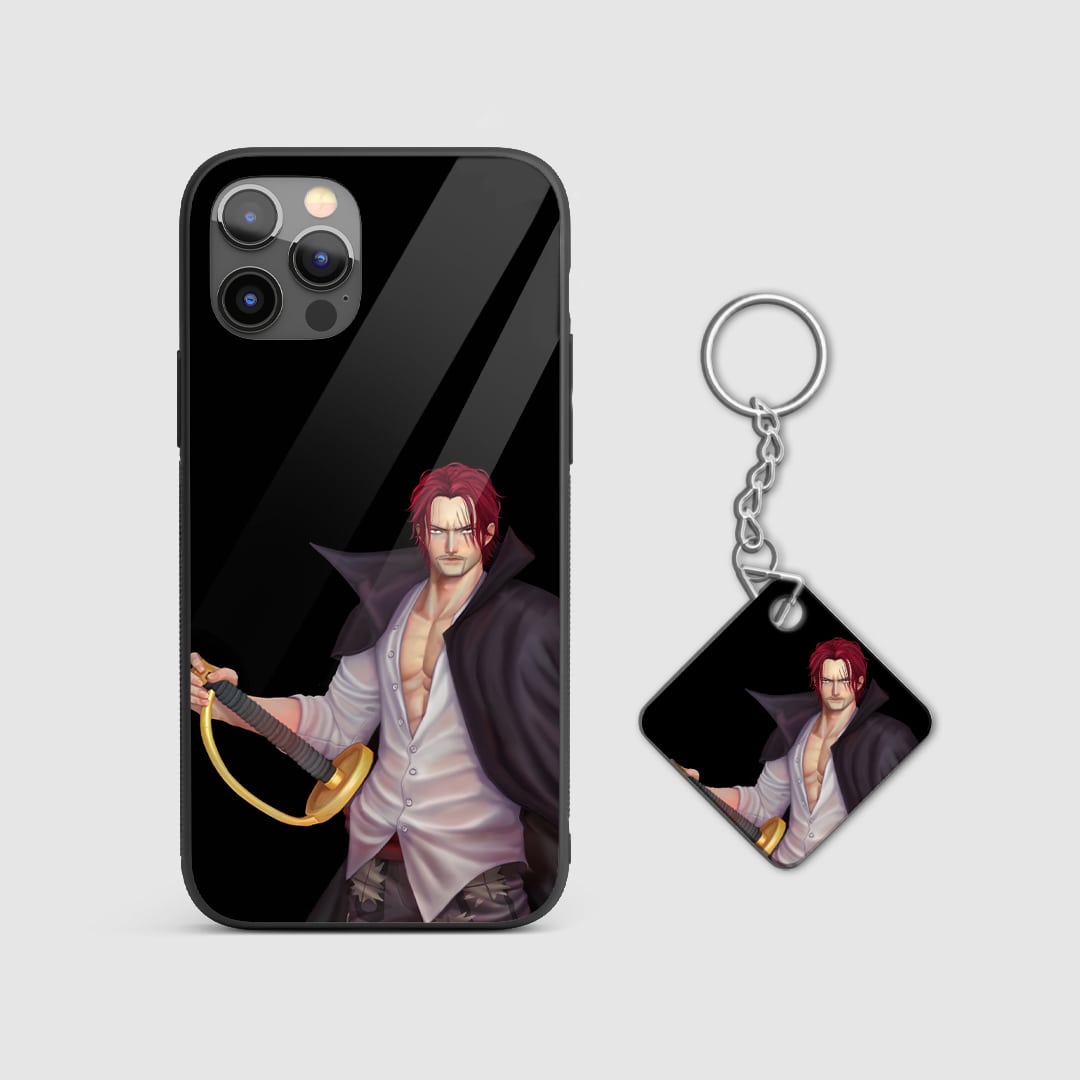 Close-up of the Shanks figure artwork on the silicone armored phone case, capturing his commanding presence with Keychain.