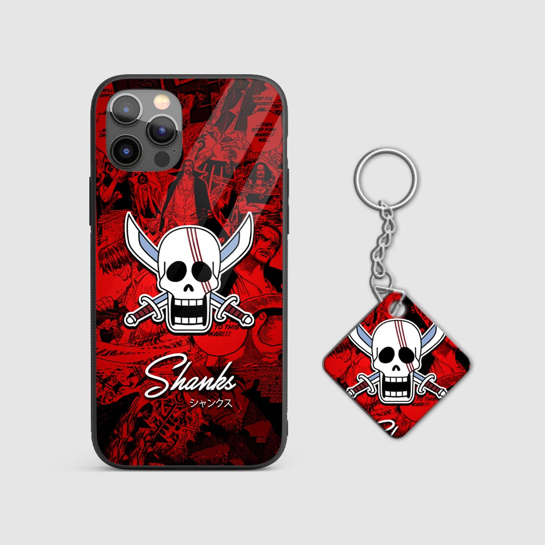 Detailed view of Shanks' vibrant and commanding artwork on the phone case with Keychain.