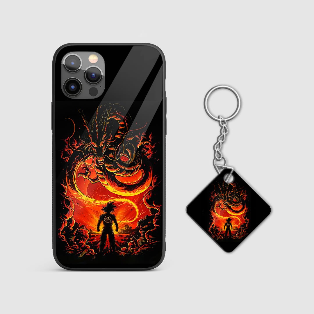 Illustration of Goku and Shenron in vibrant colors on the silicone armored phone case with Keychain.