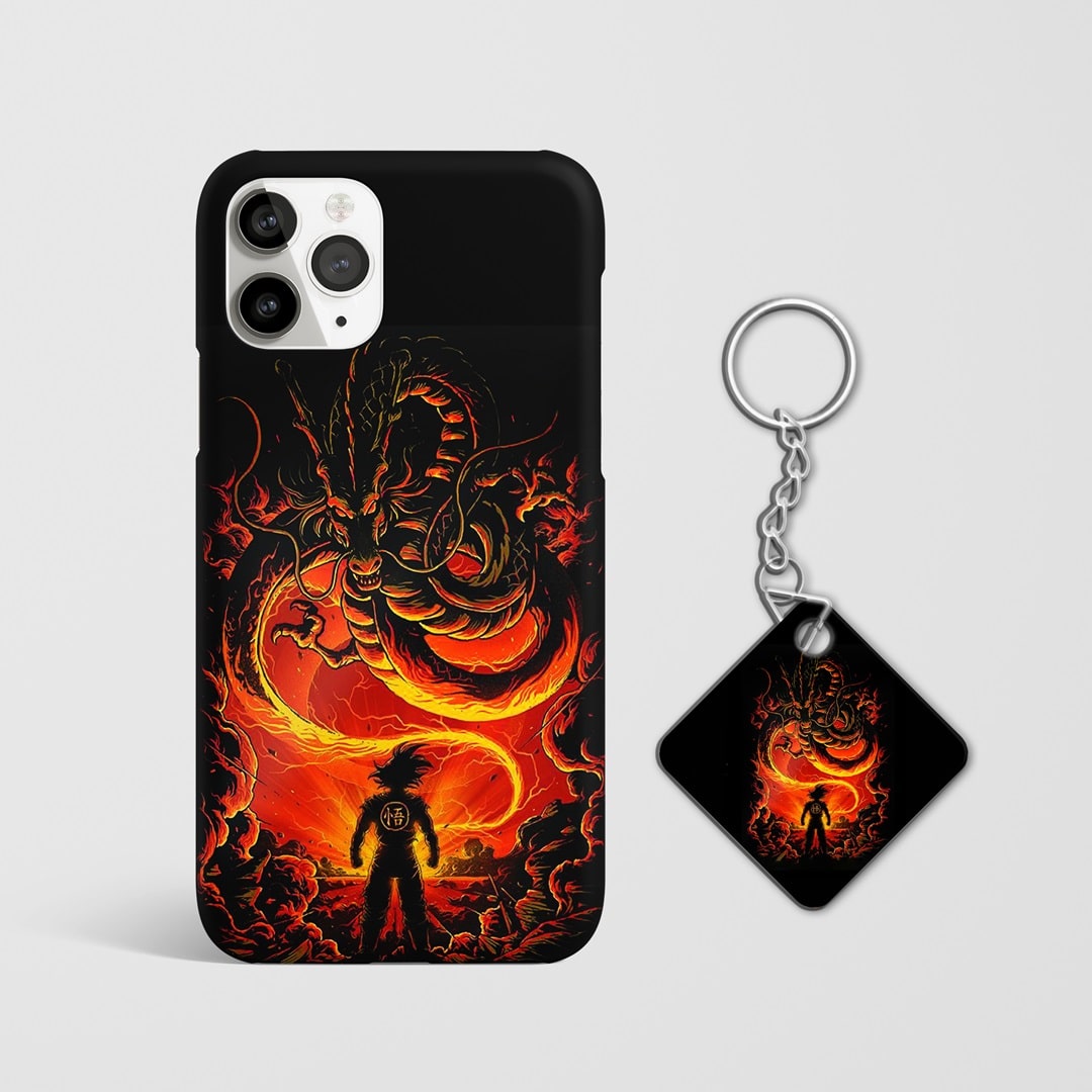 Detailed artwork of Shenron and Goku on vibrant phone case with Keychain.