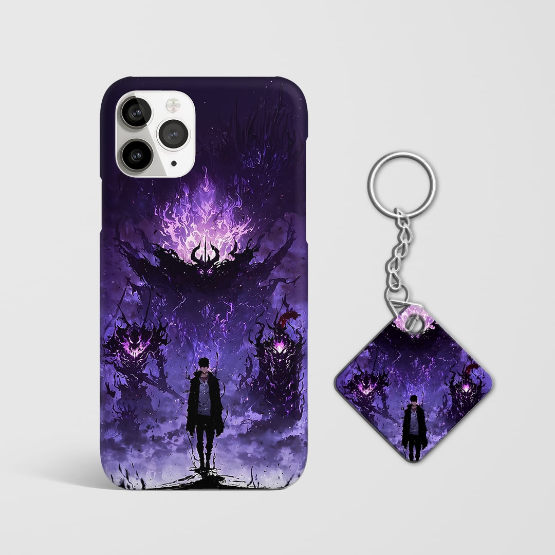 Back view of phone cover featuring powerful Jinwoo hunter artwork with Keychain.