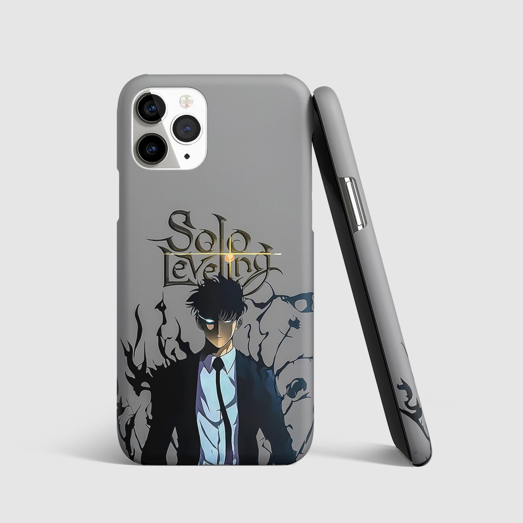Solo Leveling Minimal Phone Cover with Jinwoo silhouette design.