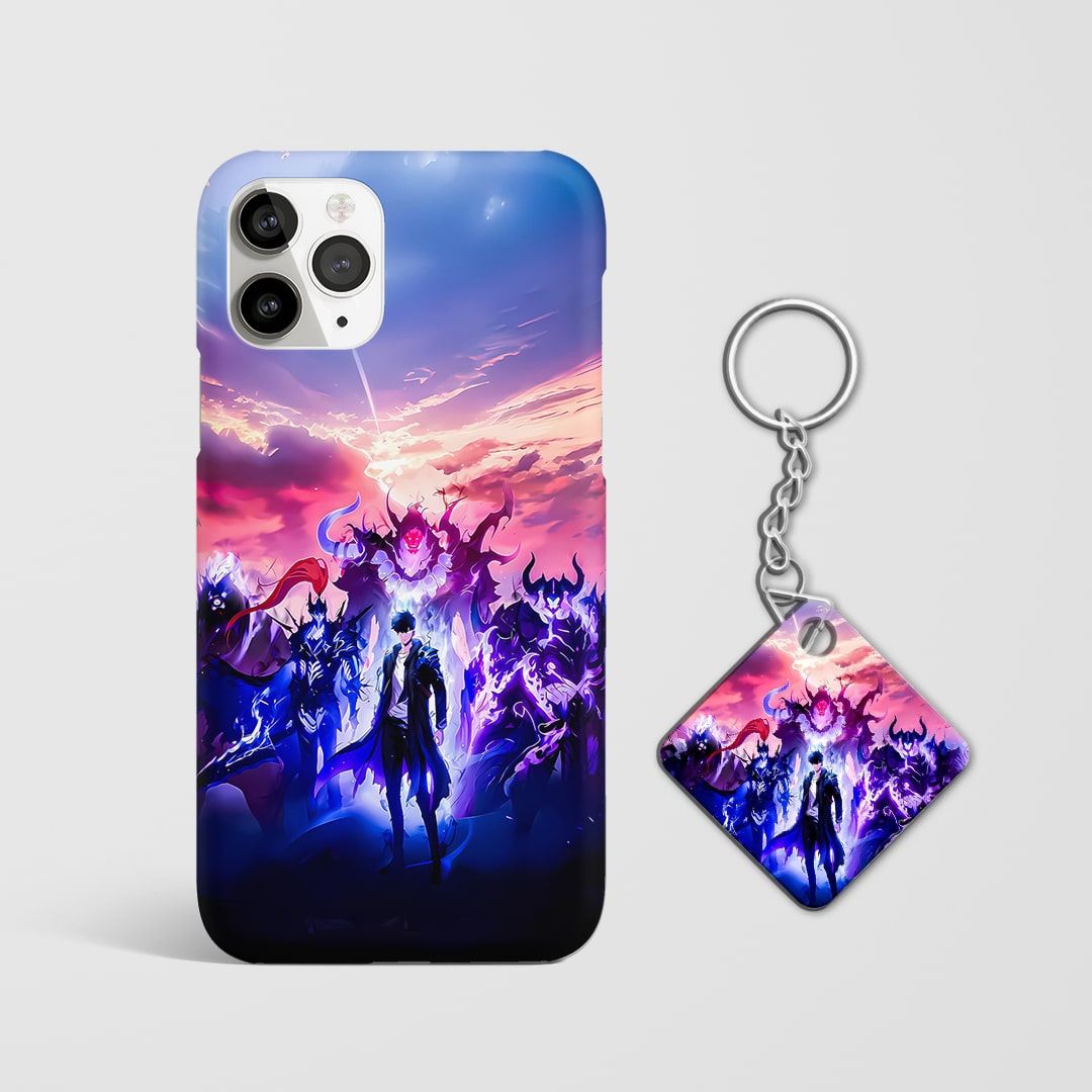 Back view of phone case with Solo Leveling-inspired design with Keychain.