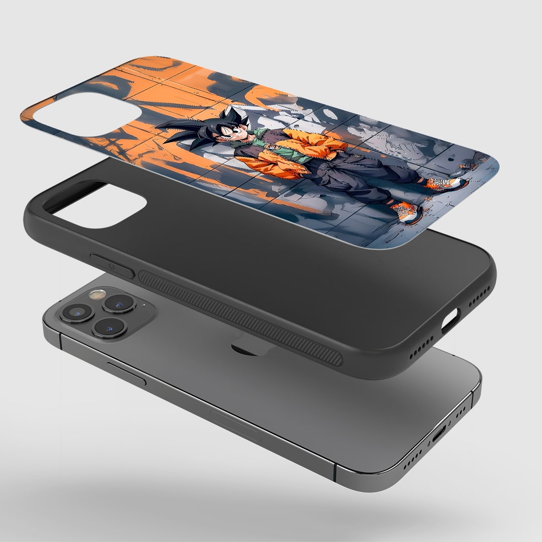 Angled view of Goku Graffiti Phone Case showing urban Saiyan style.