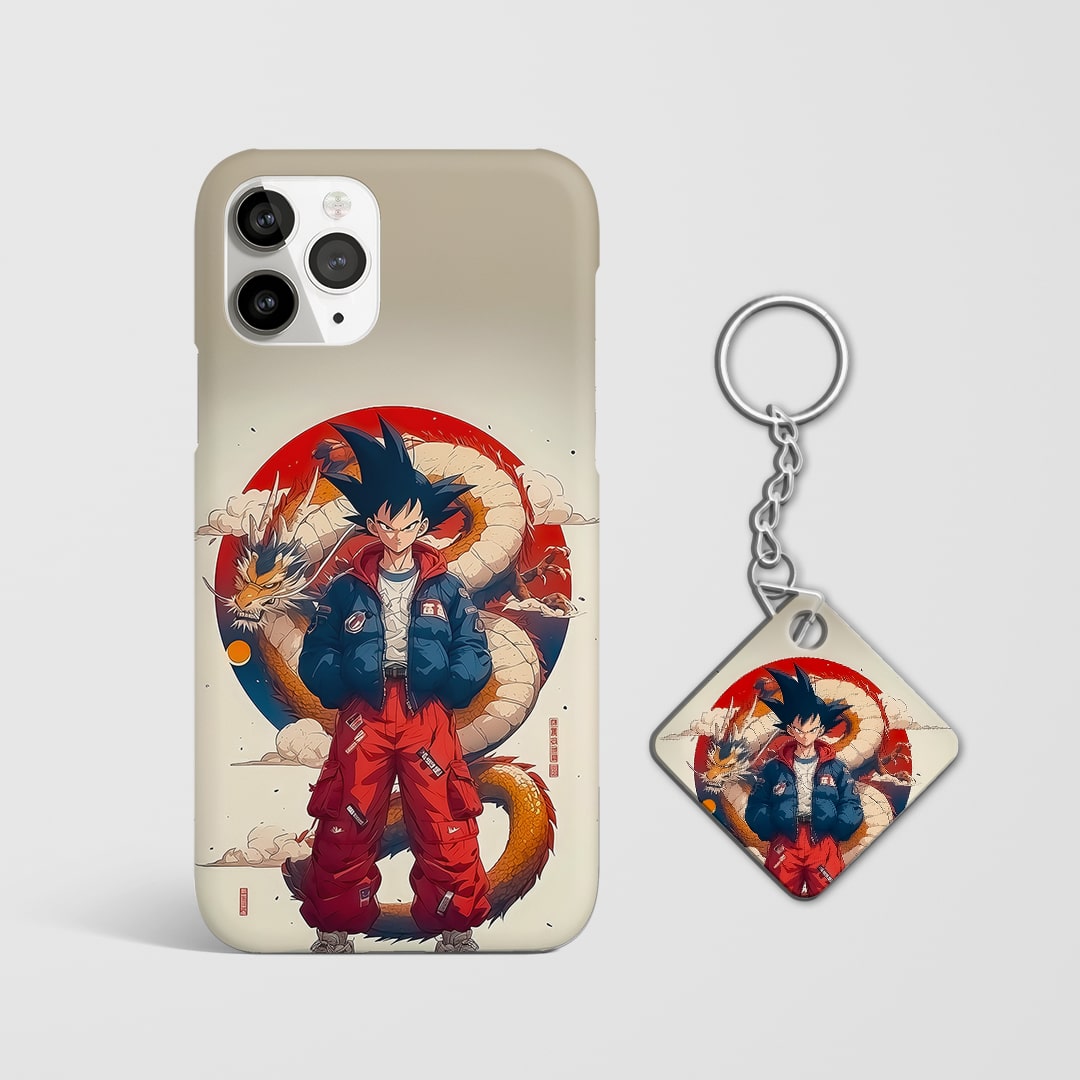 Back view of Son Goku Phone Cover featuring action pose design with Keychain.