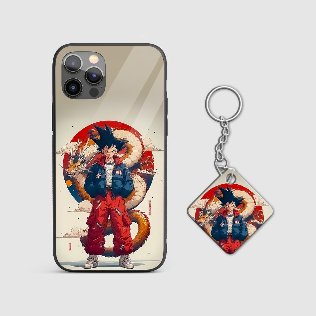 Back view of Son Goku Case featuring bold Dragon Ball artwork with Keychain.