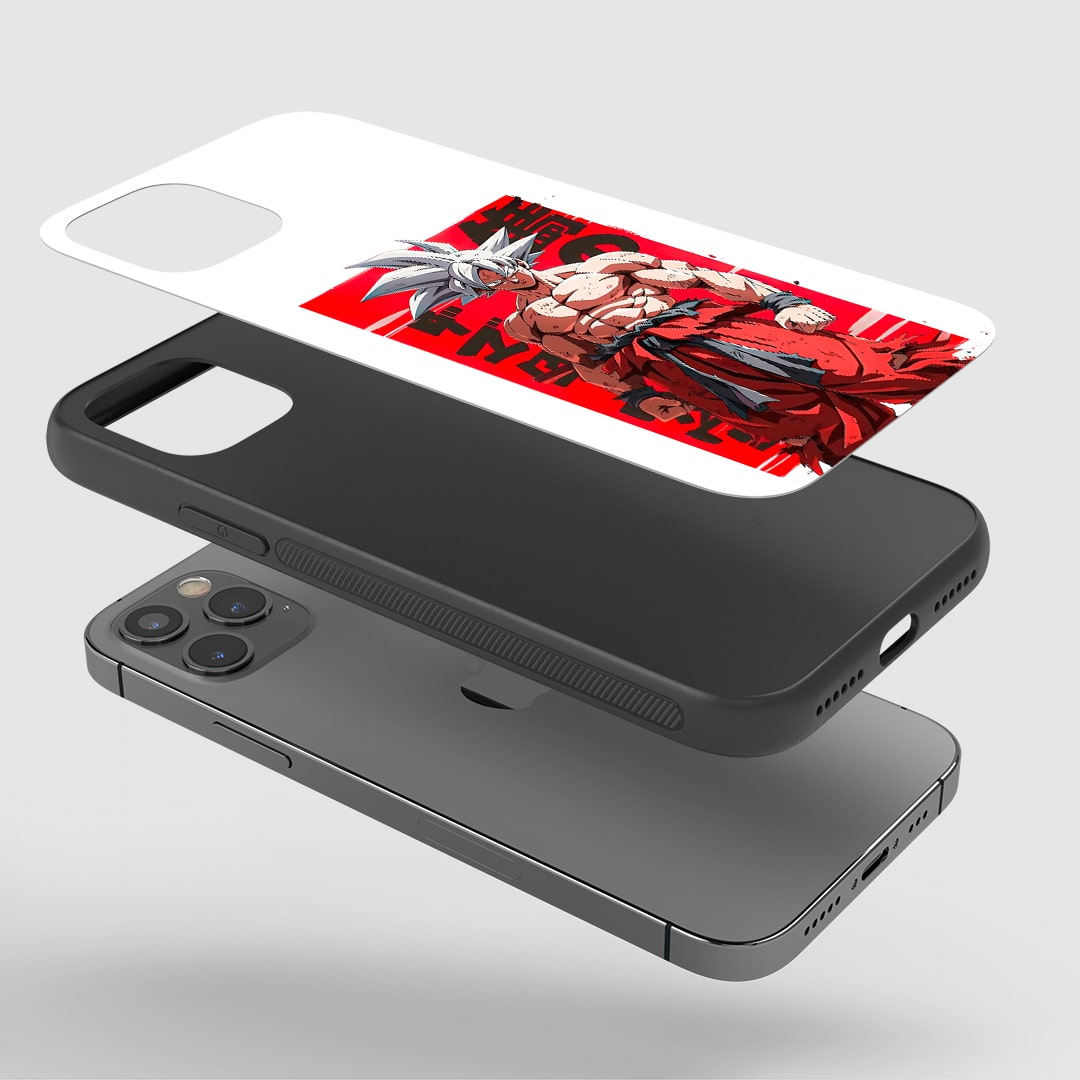 Angled view of Ultra Instinct Phone Case showing dynamic Goku pose.