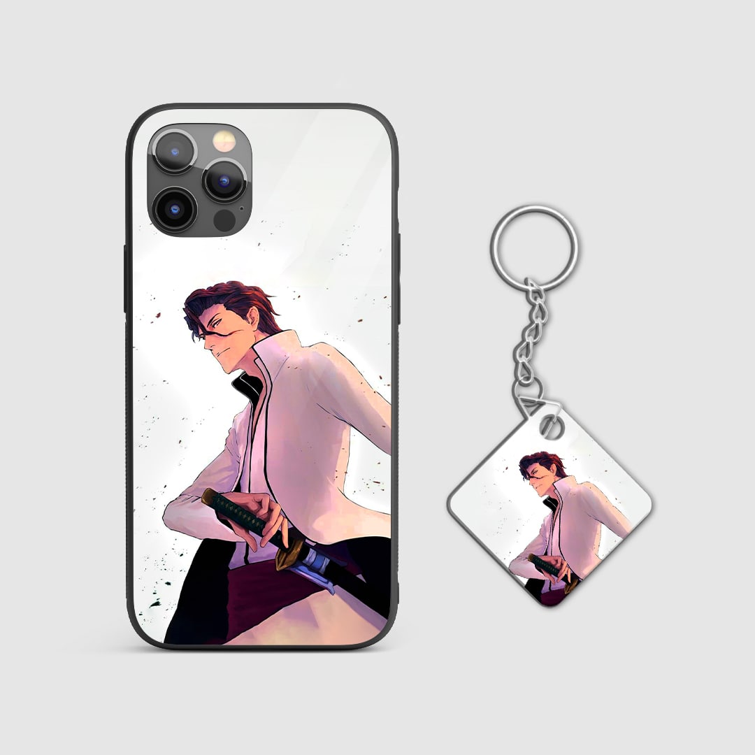 Powerful design of Sosuke Aizen from Bleach on a durable silicone phone case with Keychain.