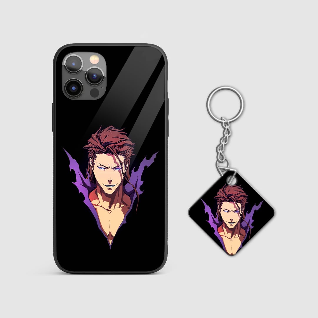 Sleek black design of Sosuke Aizen from Bleach on a durable silicone phone case with Keychain.