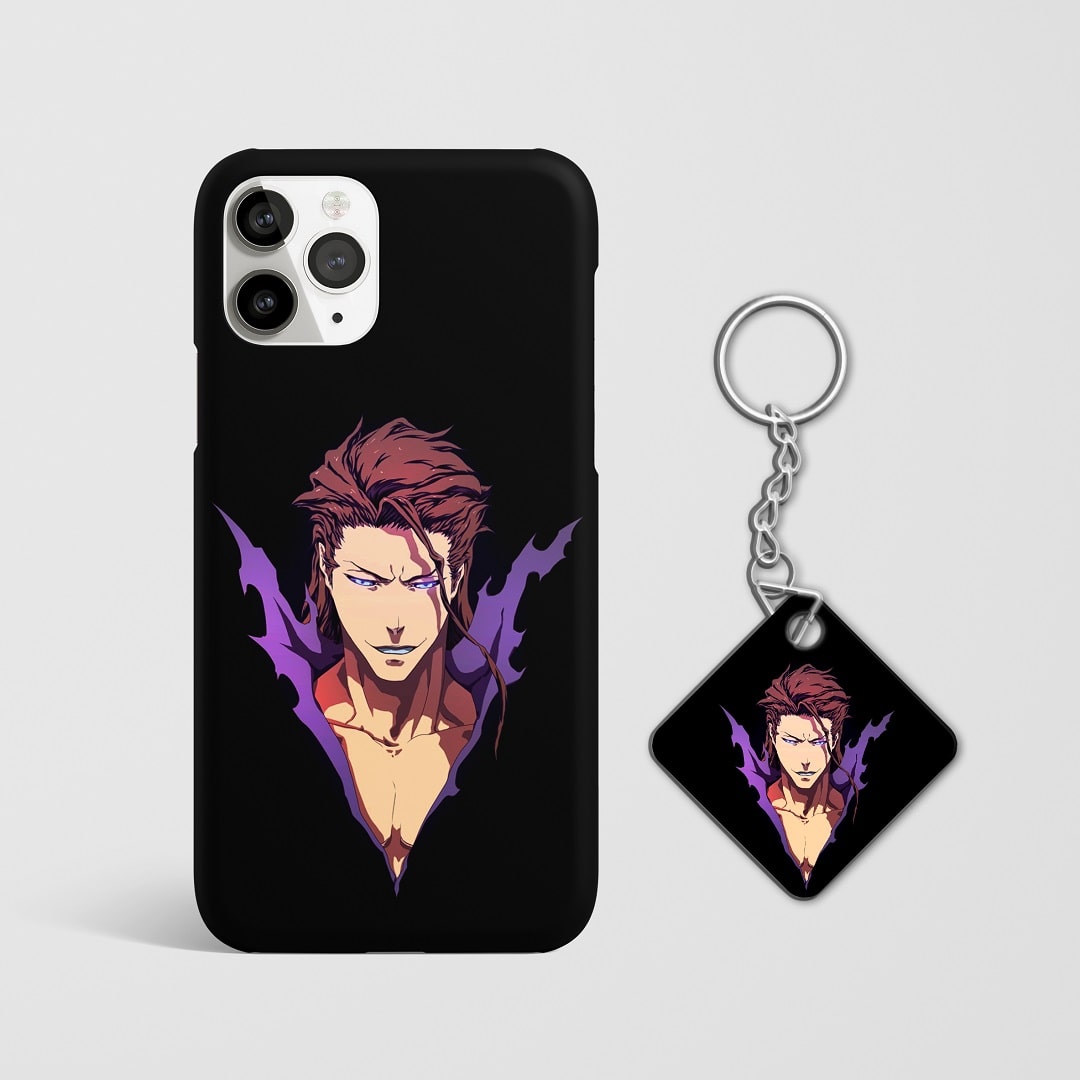 Close-up of Sosuke Aizen’s cunning expression in minimalist style on phone case with Keychain.