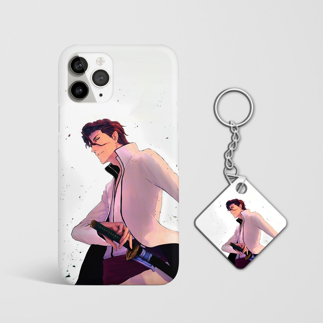 Close-up of Sosuke Aizen’s intense expression on phone case with Keychain.