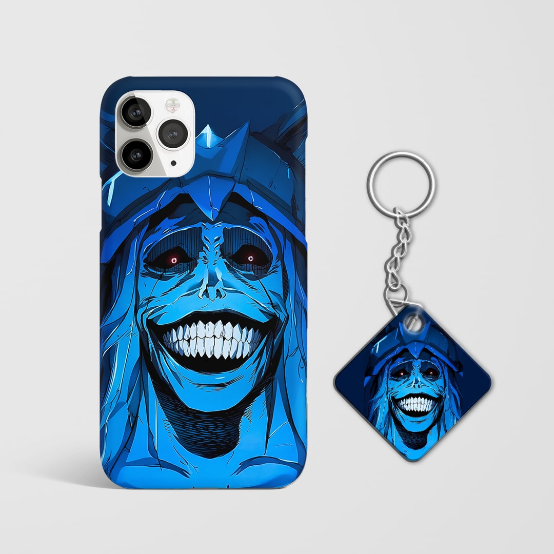 Back view of phone case featuring Solo Leveling’s divine statue with Keychain.