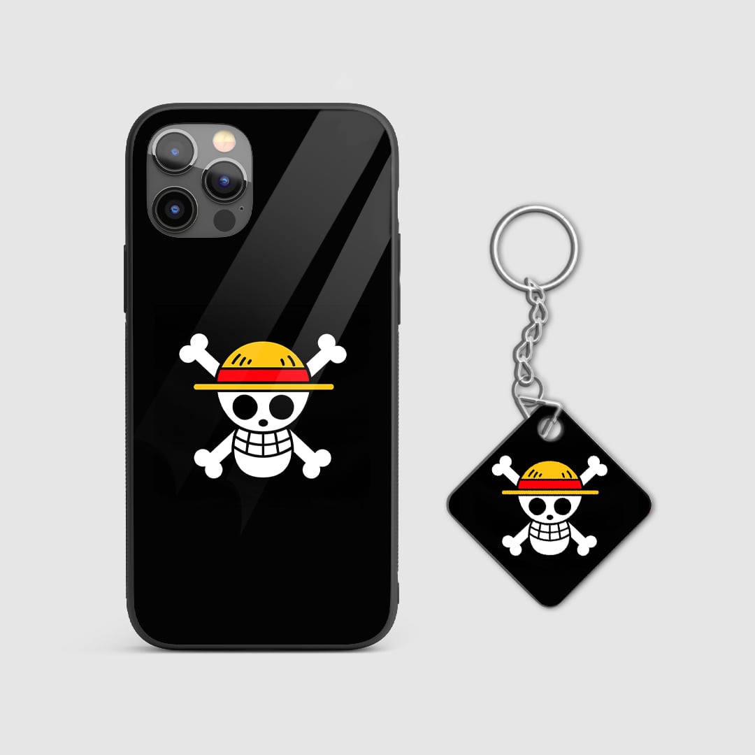 Detailed view of the Straw Hat Jolly Roger on the silicone armored phone case with Keychain.