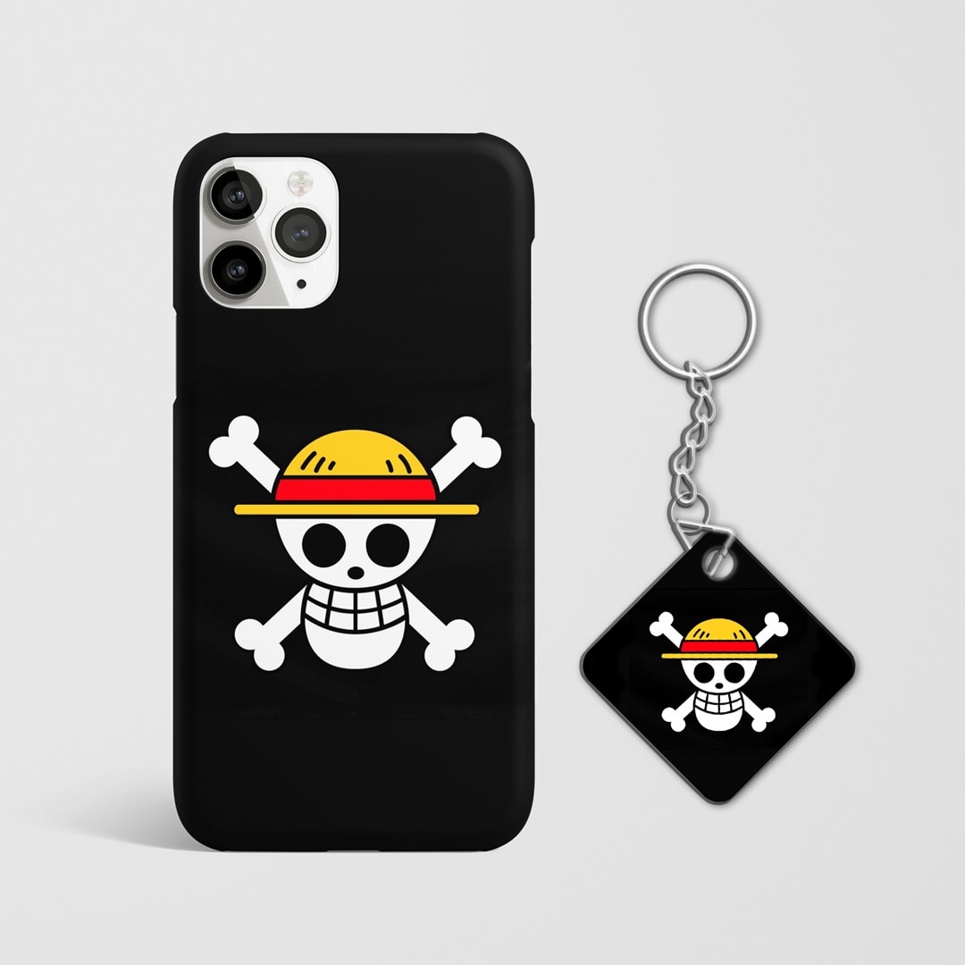 Close-up of Straw Hat Symbol Phone Cover with detailed emblem design with Keychain.