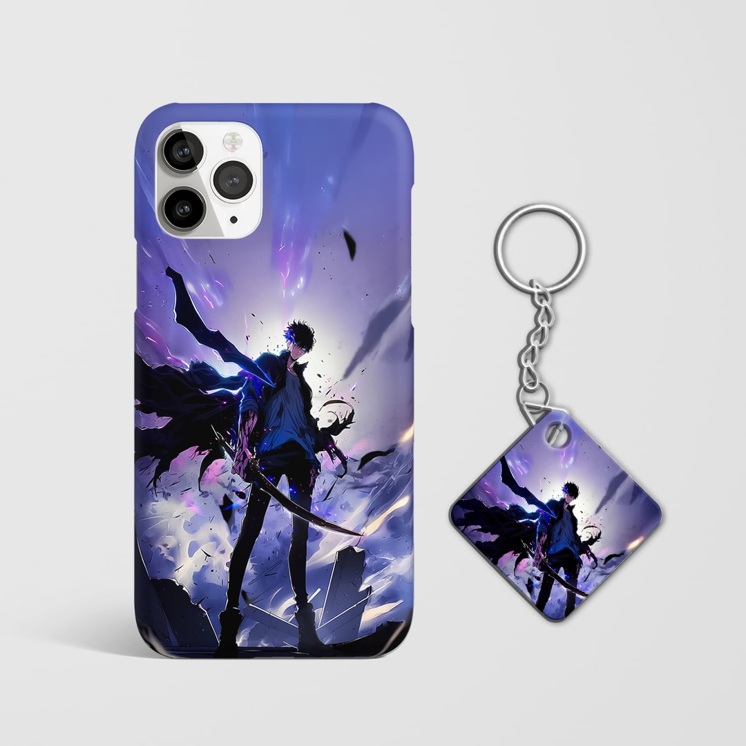 Back view of Action Cover featuring Jinwoo mid-battle from Solo Leveling with Keychain.