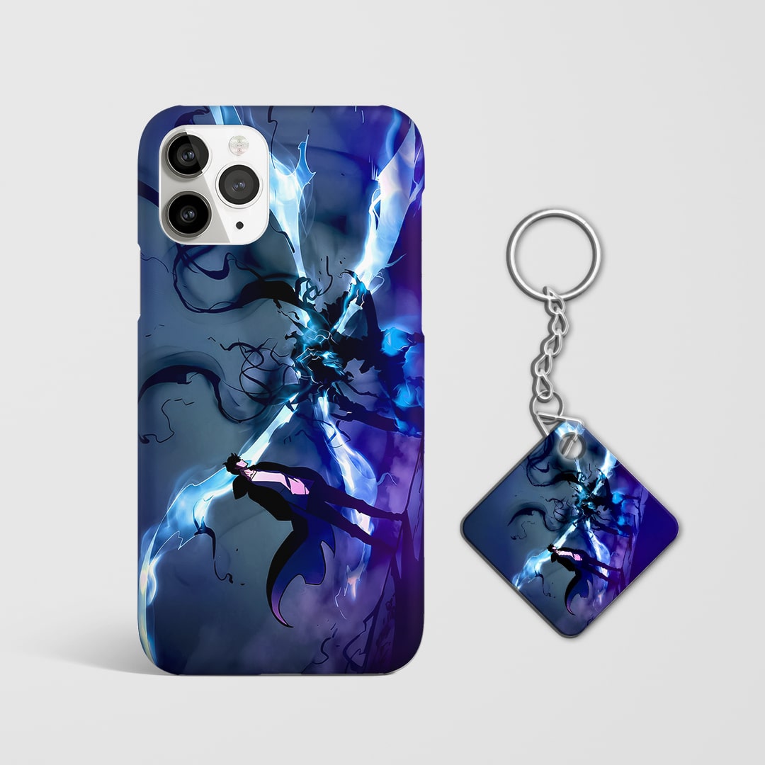 Back view of Jinwoo and Beru Graphic Cover featuring detailed shadow duo  with Keychain.