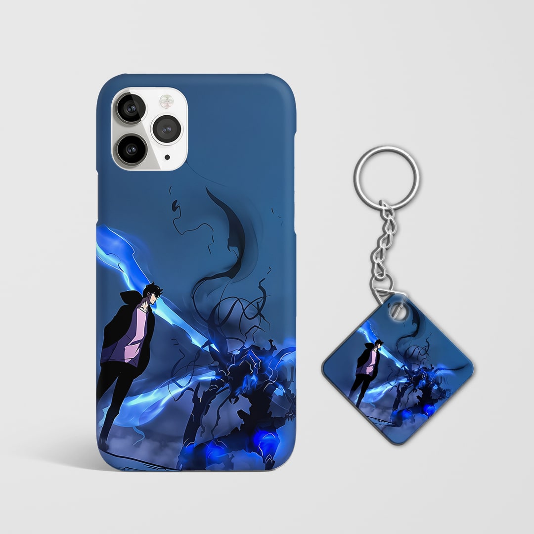 Back view of Jinwoo and Beru Phone Cover featuring Solo Leveling art with Keychain.