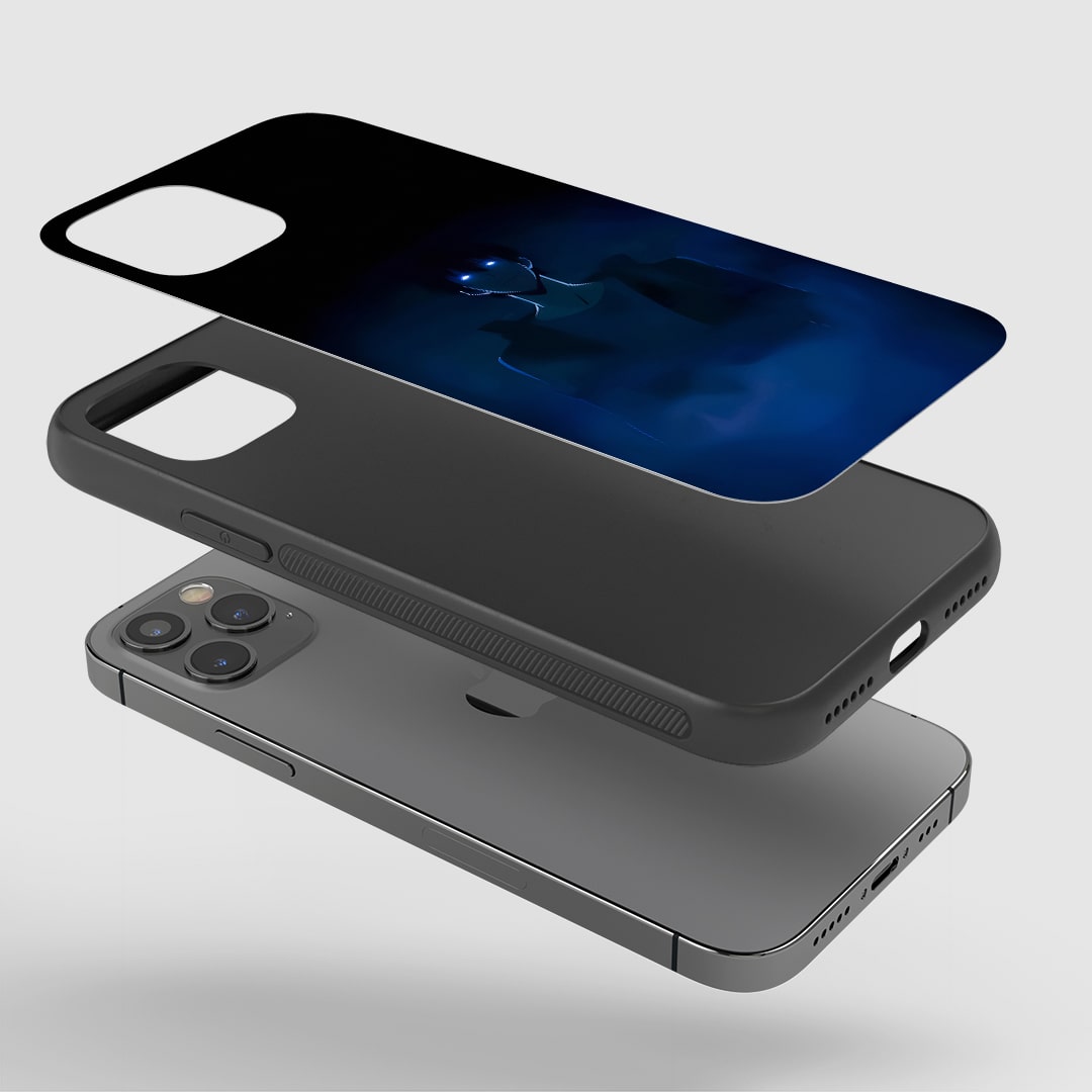Angled view of Jinwoo Blue Eye Case showing Solo Leveling awakened style.