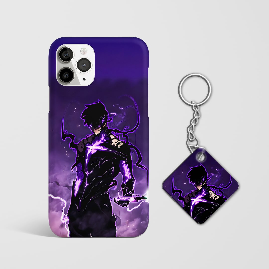 Back view of phone cover showing Jinwoo’s iconic Solo Leveling blade with Keychain.