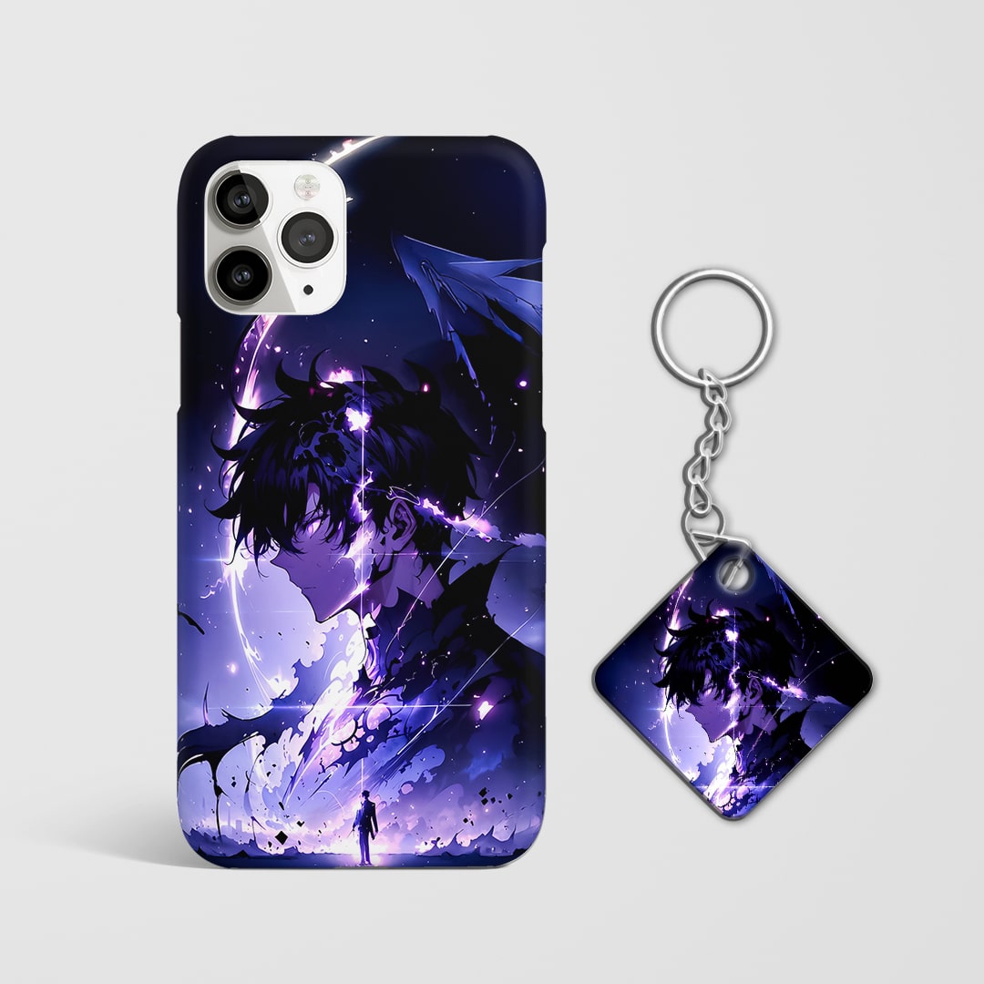 Back view of Graphic Cover showing Jinwoo in sharp Solo Leveling style wh Keychain.