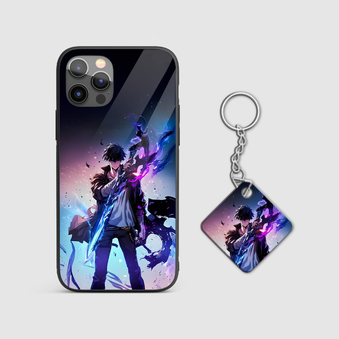 Back view of Jinwoo Longsword Case featuring detailed Solo Leveling art with Keychain.