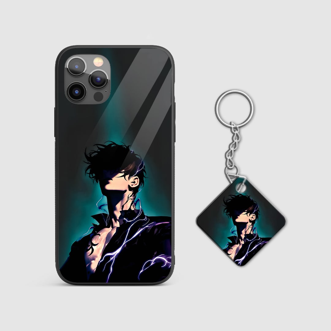 Back view of Sung Jinwoo Minimal Case featuring subtle Shadow Monarch art with Keychain.