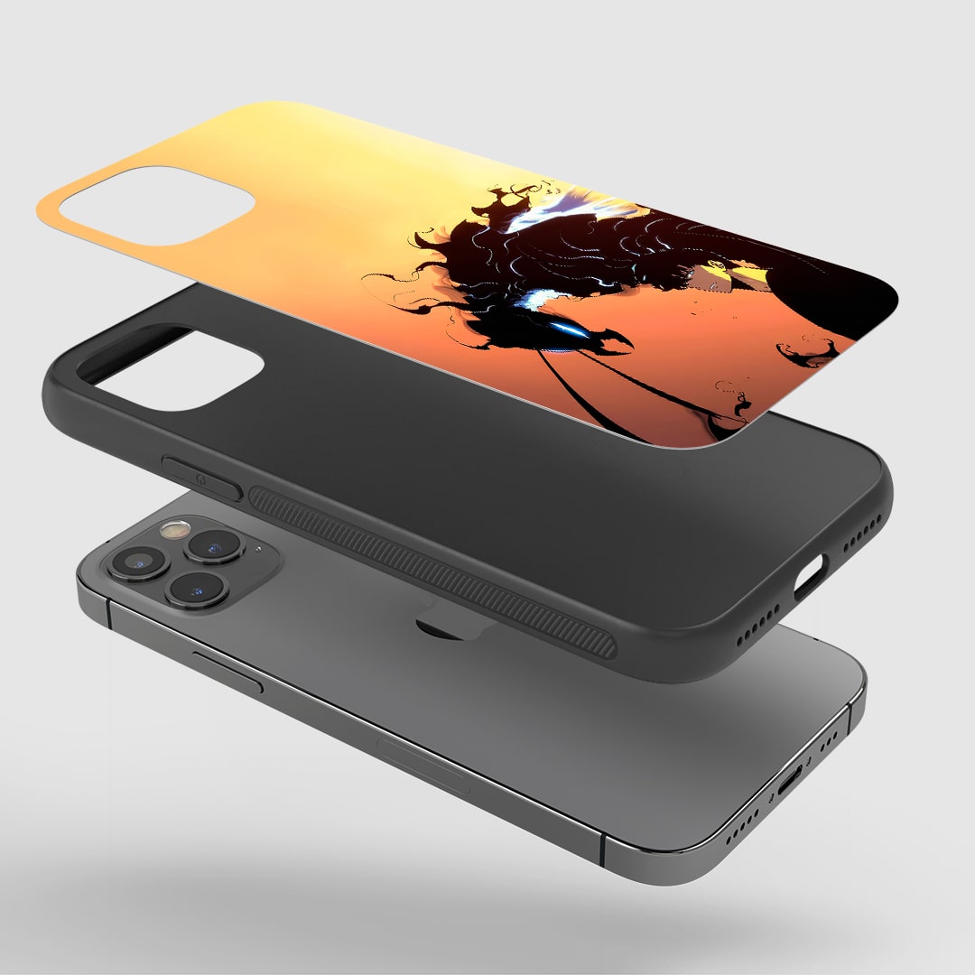 Angled view of Jinwoo Shadow Monarch Case displaying dark ruler energy.