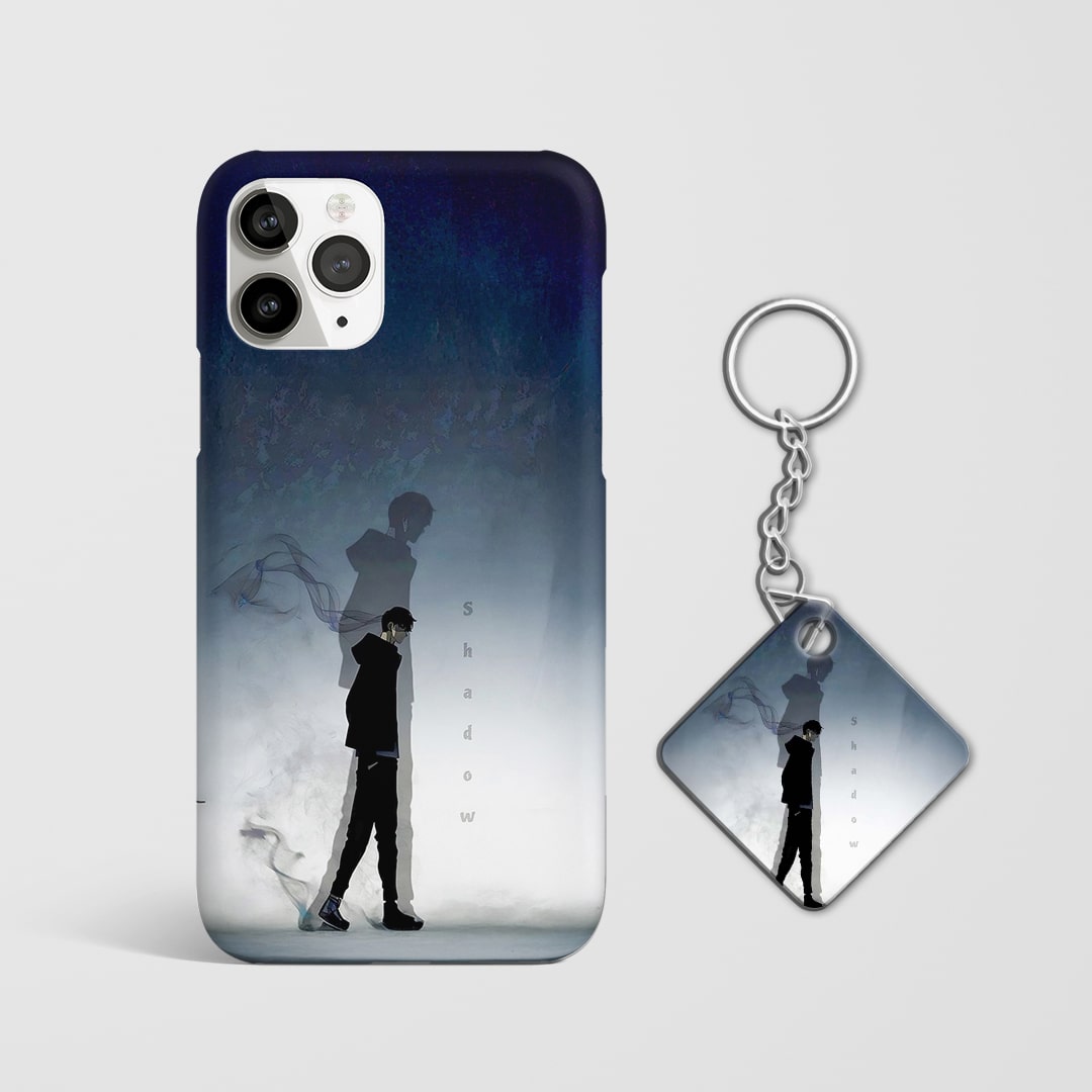 Back view of Shadow Phone Cover featuring dark Jinwoo artwork with Keychain.