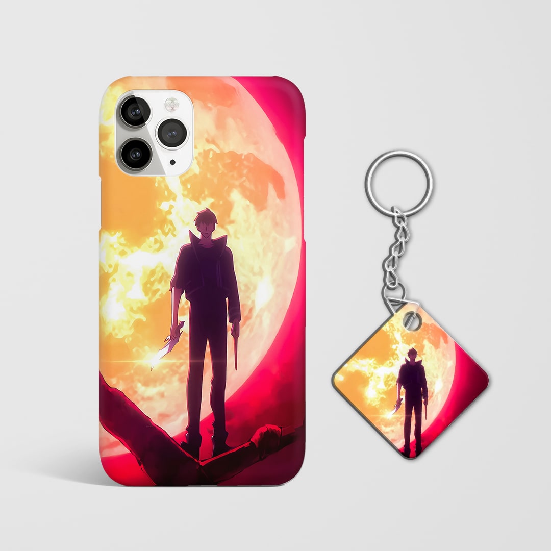 Back view of phone case featuring Jinwoo under blazing sun with Keychain.