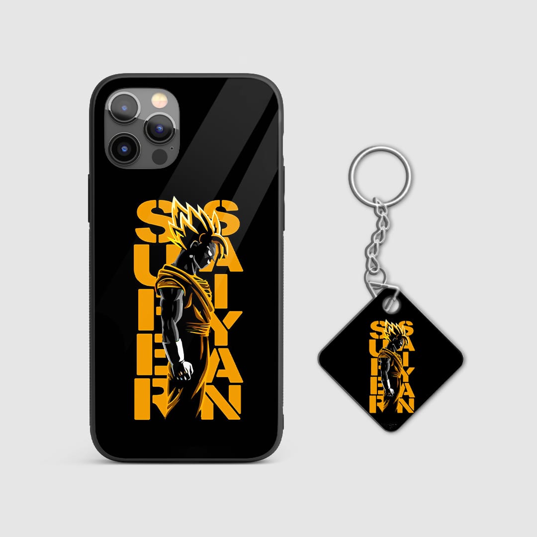 Dynamic image of a Super Saiyan with golden energy aura on the silicone armored phone case with Keychain.