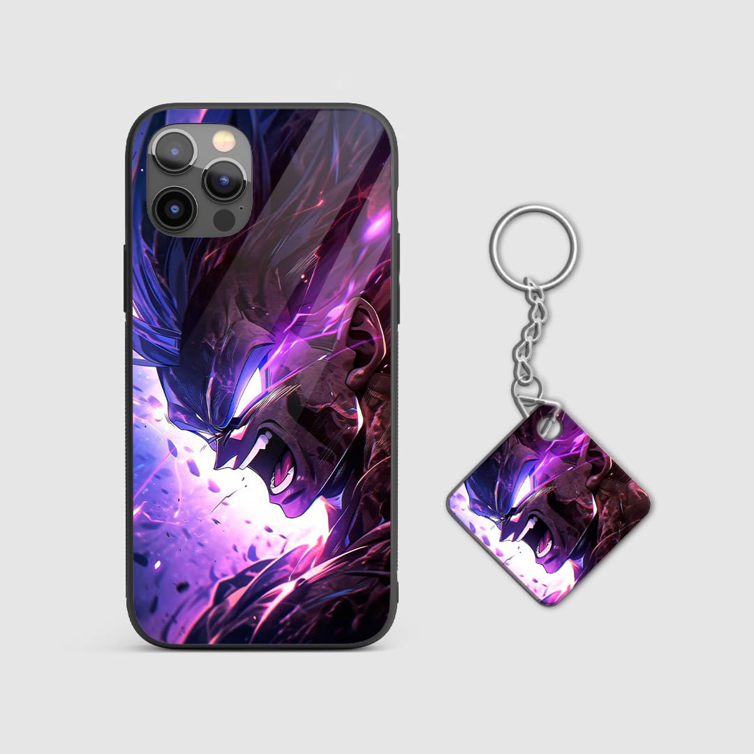 Intense portrayal of Super Saiyan Vegeta with powerful energy effects on the phone case with Keychain.