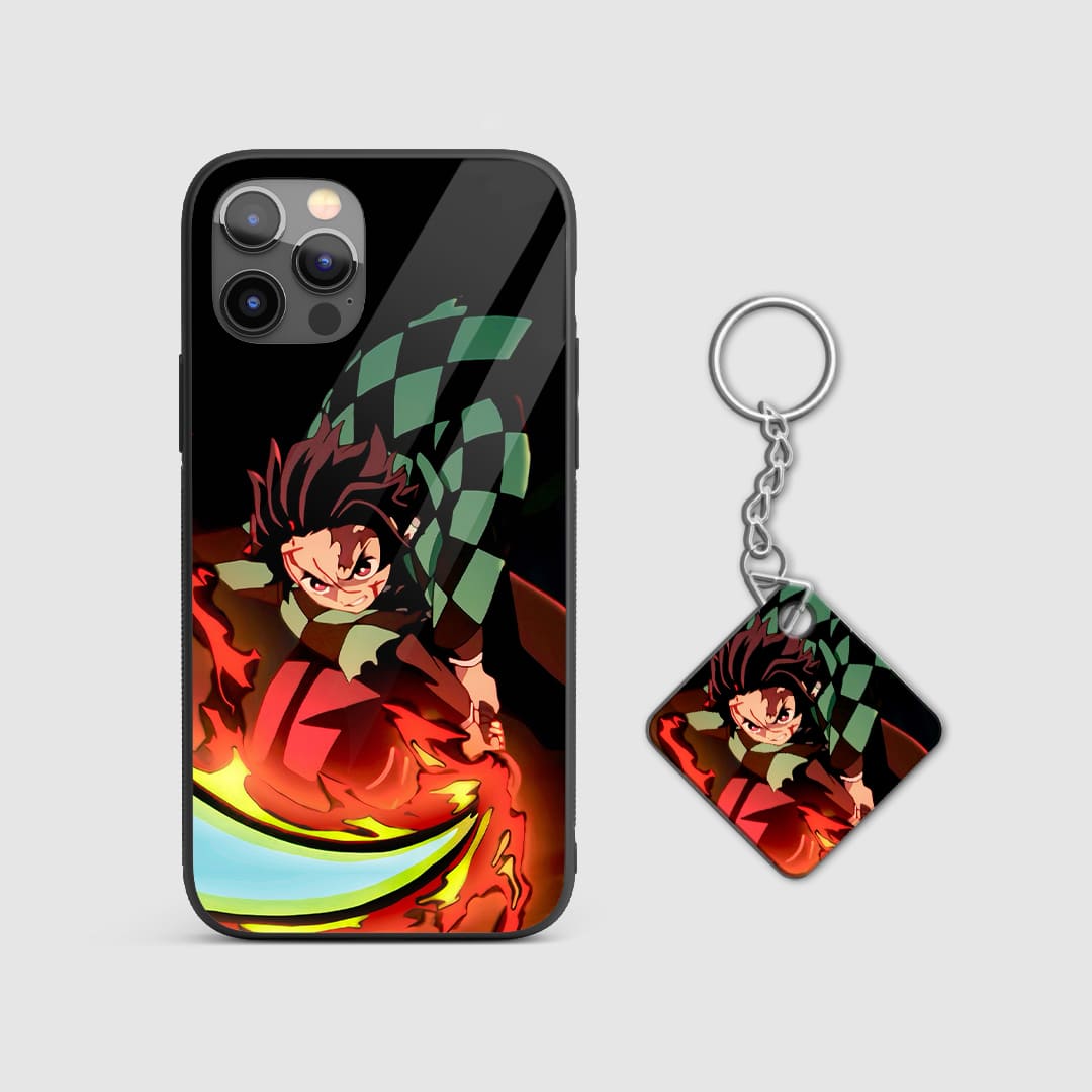 Determined design of Tanjiro Kamado from Demon Slayer on a durable silicone phone case with Keychain.