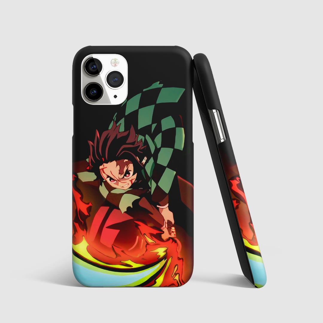 Dynamic action pose of Tanjiro Kamado on phone cover.