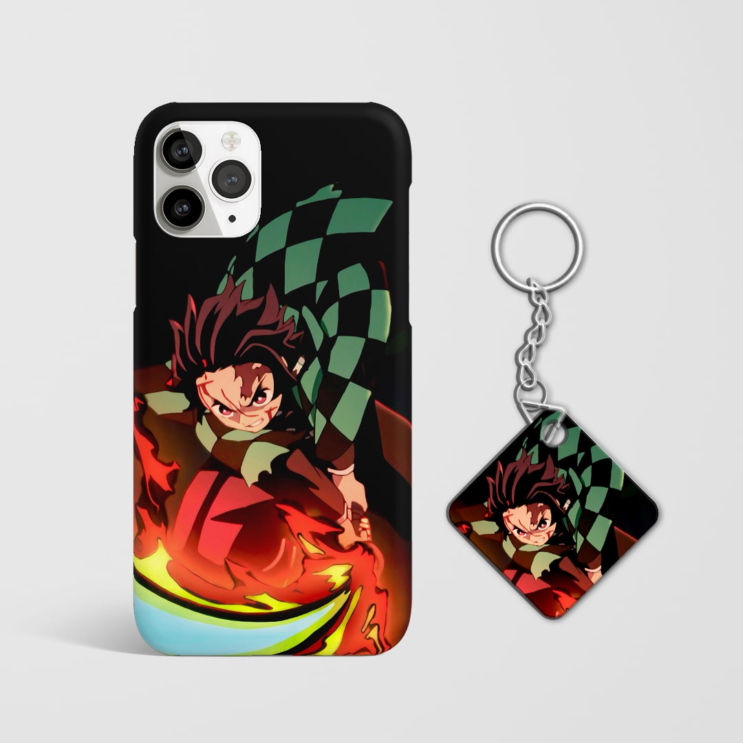 Close-up of Tanjiro Kamado’s intense expression on phone case with Keychain.