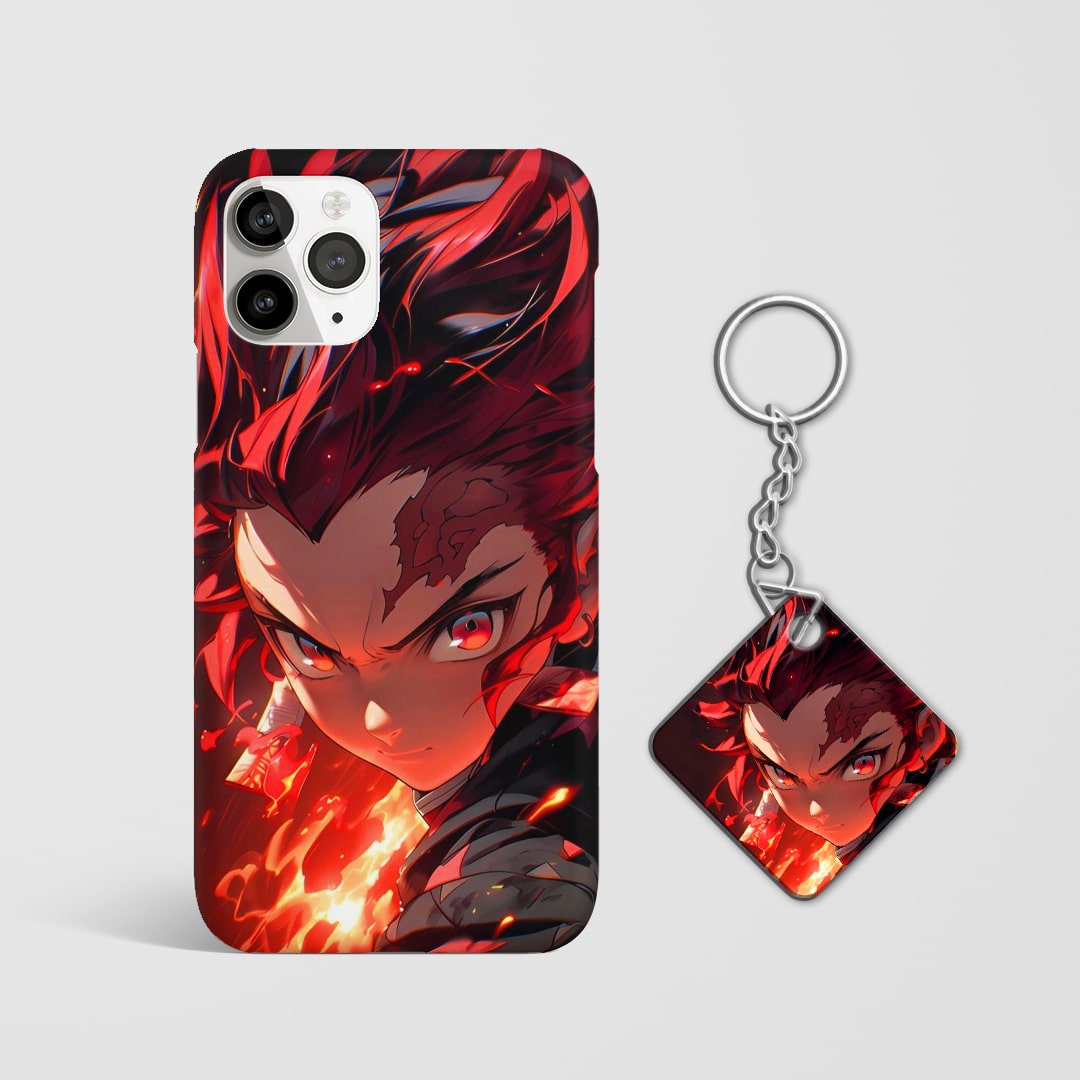 Close-up of Tanjiro Kamado’s intense expression on red phone case with Keychain.