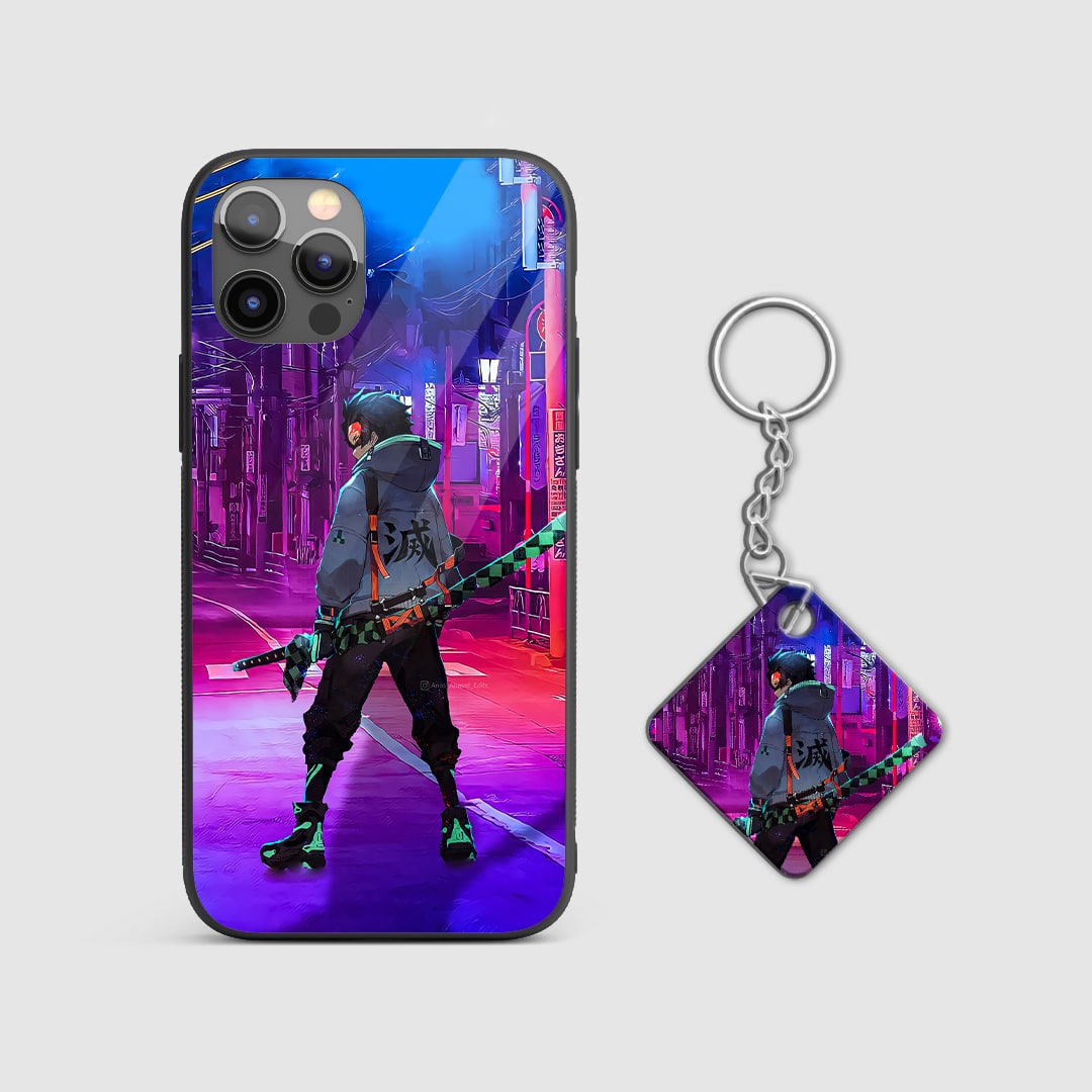 Street style design of Tanjiro Kamado from Demon Slayer on a durable silicone phone case with Keychain.
