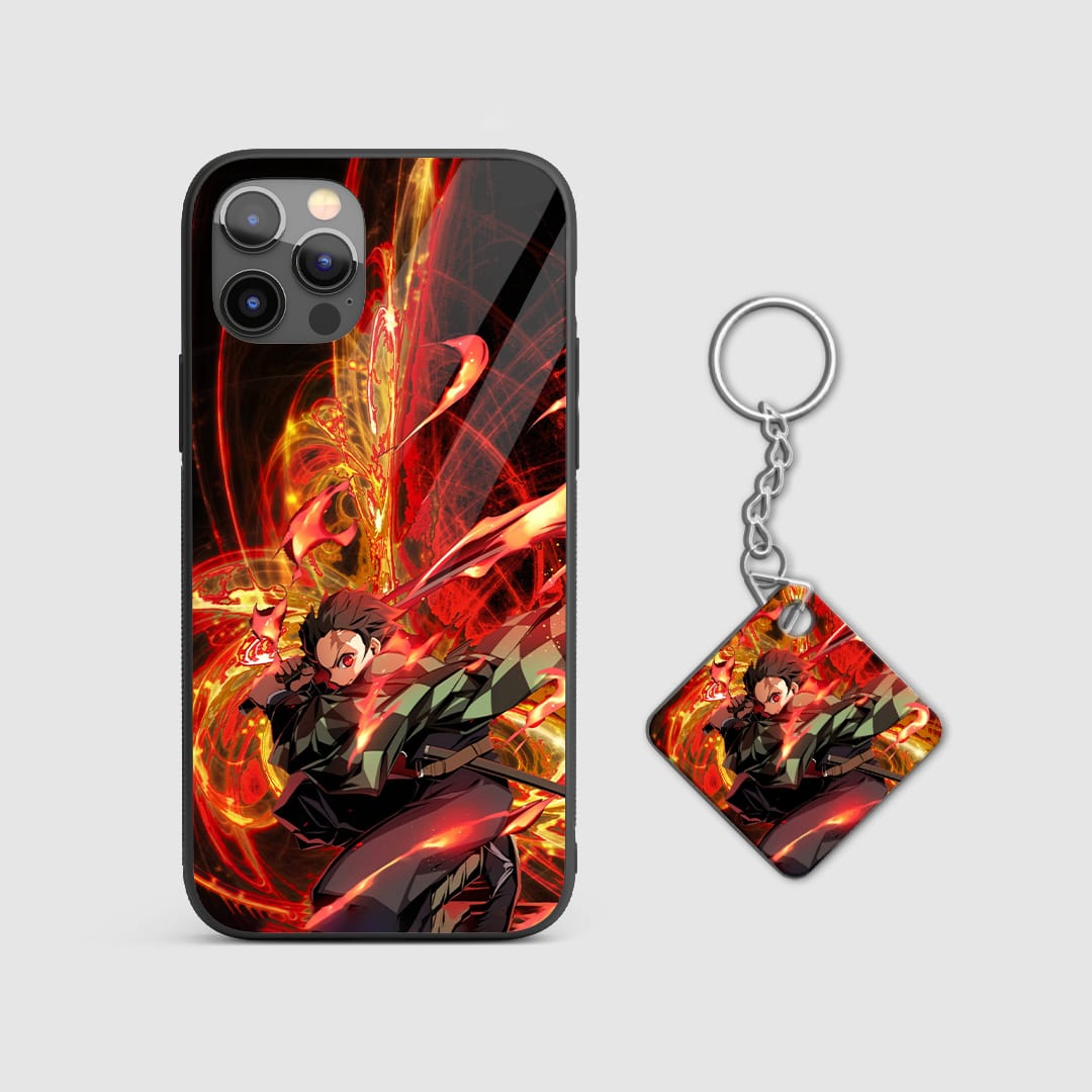 Sun Breathing design of Tanjiro Kamado from Demon Slayer on a durable silicone phone case with Keychain.