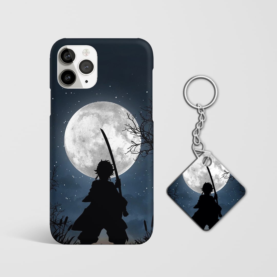 Close-up of Tanjiro Kamado’s calm expression with moonlight background on phone case with Keychain.