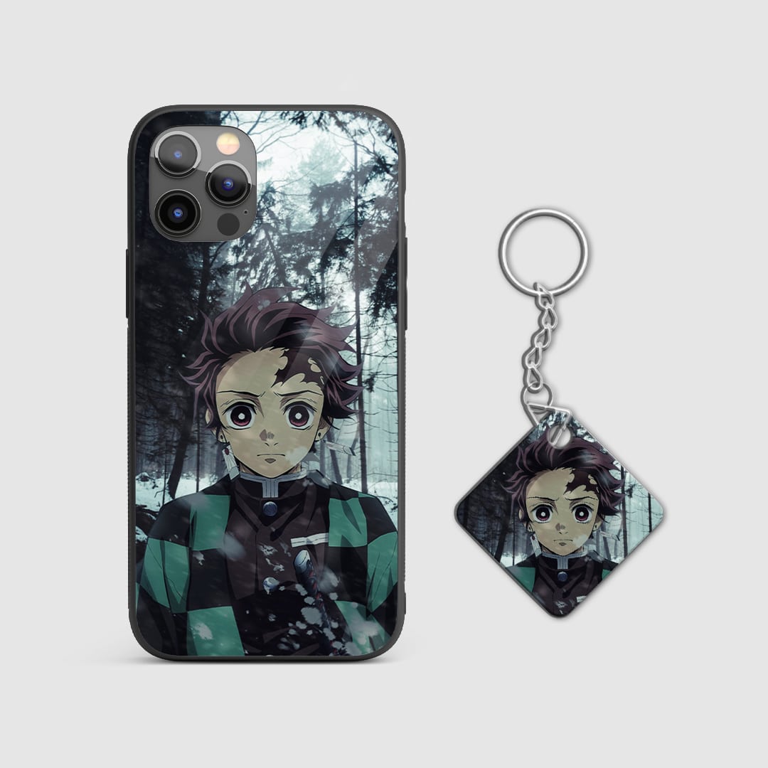 Beautiful winter design of Tanjiro Kamado from Demon Slayer on a durable silicone phone case with Keychain.