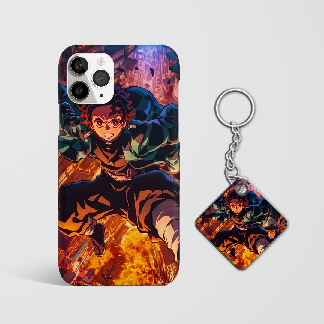 Durable Tanjiro Flaming City phone cover with Keychain