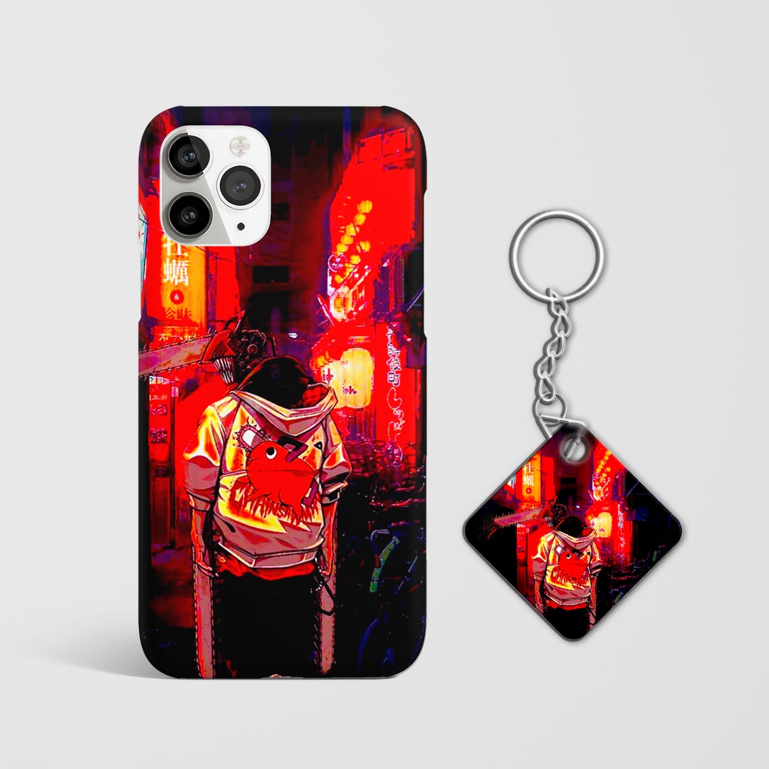 Back design of Chainsaw Man Tokyo Nights Denji case with Keychain