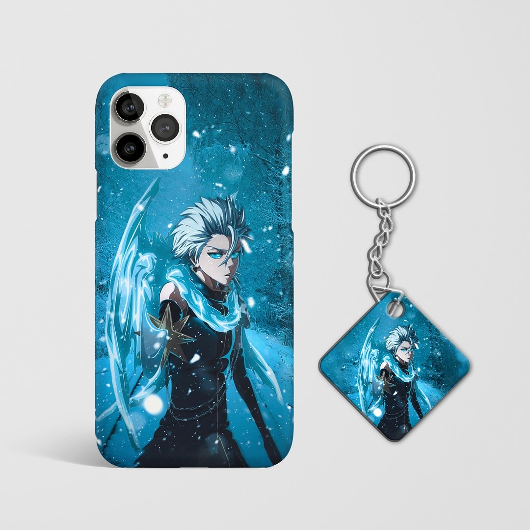 Close-up of Toshiro Hitsugaya’s intense expression in action pose on phone case with Keychain.