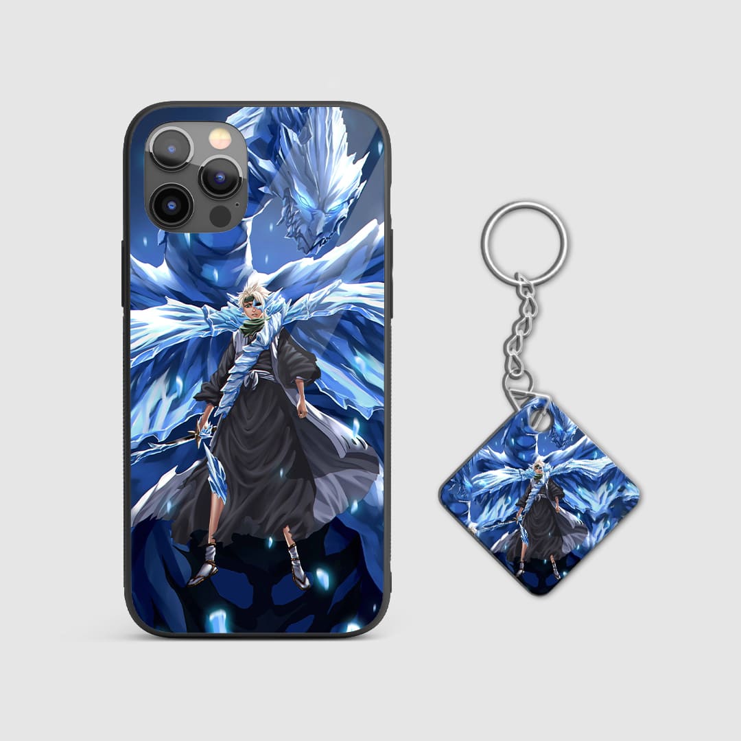 Powerful design of Toshiro Hitsugaya's Bankai form from Bleach on a durable silicone phone case with Keychain.