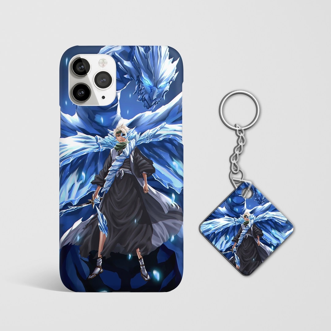 Close-up of Toshiro Hitsugaya’s intense expression in Bankai form on phone case with Keychain.